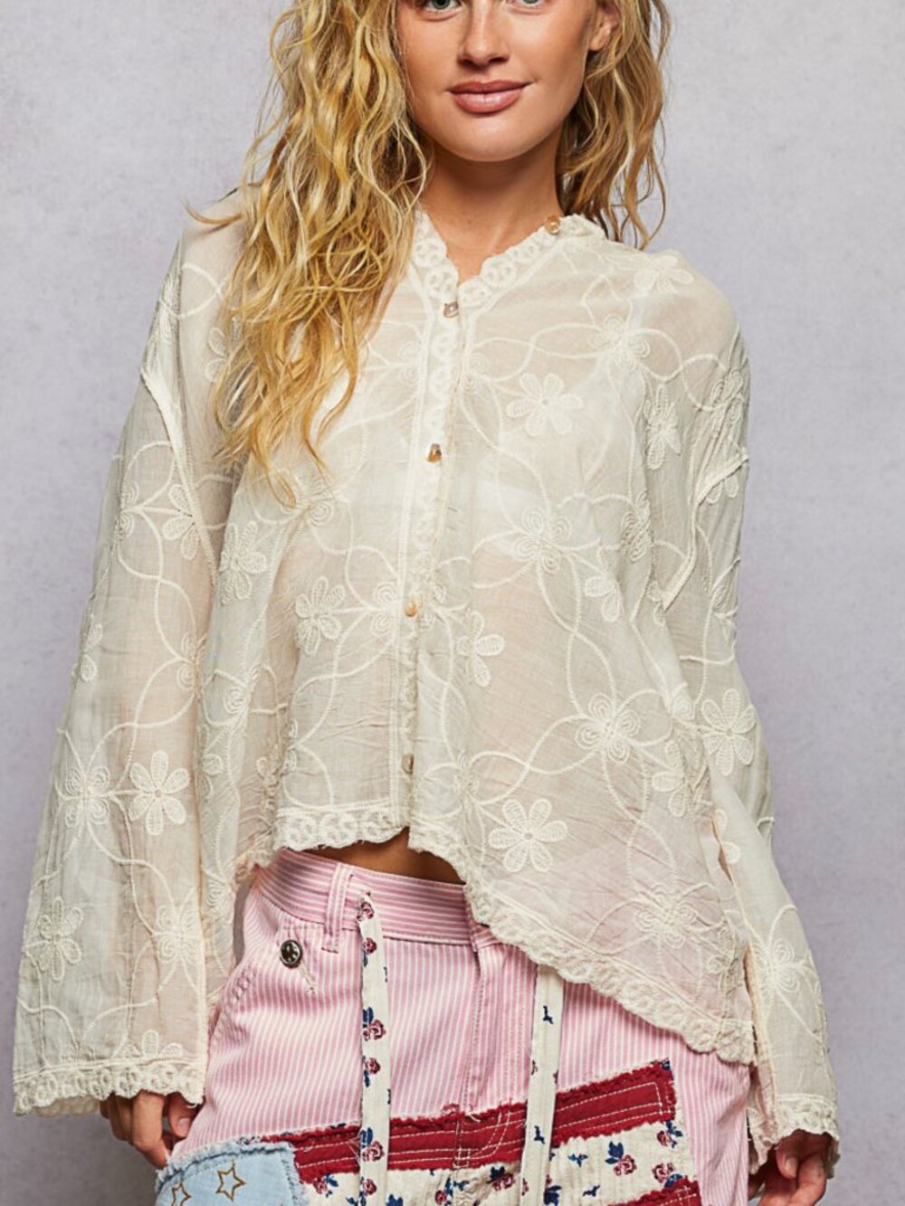 POL Womens Long Sleeve Hooded Embroidery Floral Button Down Shirt